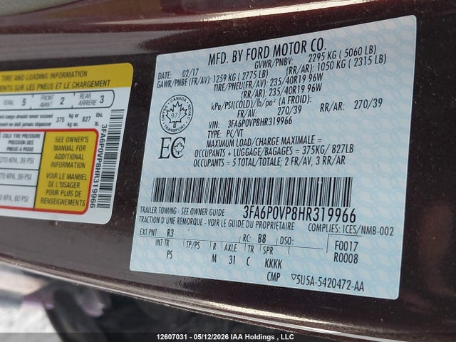 Продажа на аукционе авто 2017 Ford Fusion, vin: 3FA6P0VP8HR319966, номер лота: 12607031