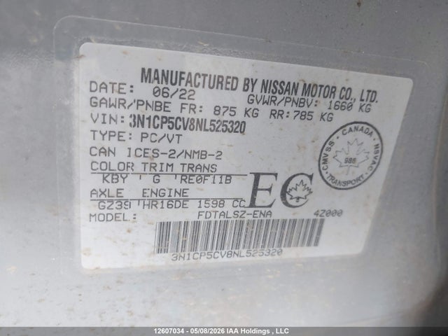 2022 Nissan Kicks Sv მანქანა იყიდება აუქციონზე, vin: 3N1CP5CV8NL525320, აუქციონის ნომერი: 12607034