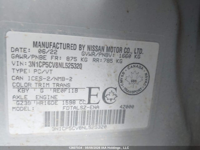 2022 Nissan Kicks Sv მანქანა იყიდება აუქციონზე, vin: 3N1CP5CV8NL525320, აუქციონის ნომერი: 12607034