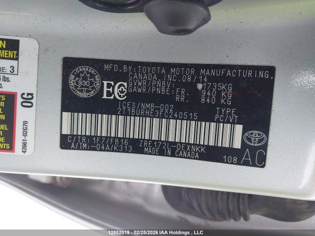 12552019 :رقم المزاد ، 2T1BURHE3FC240515 vin ، 2015 Toyota Corolla Le مزاد بيع
