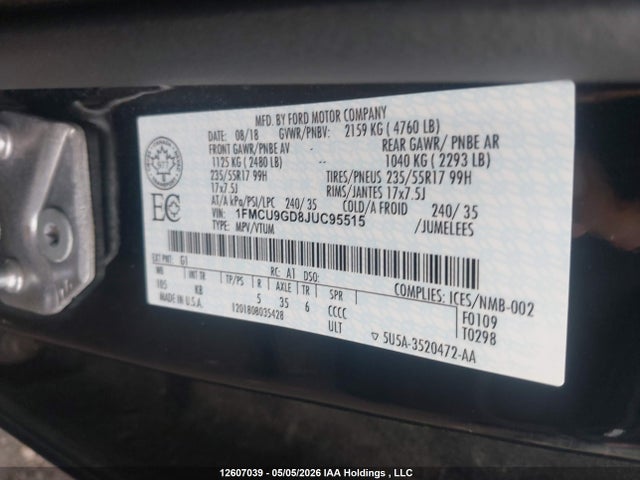 Продаж на аукціоні авто 2018 Ford Escape Se, vin: 1FMCU9GD8JUC95515, номер лоту: 12607039
