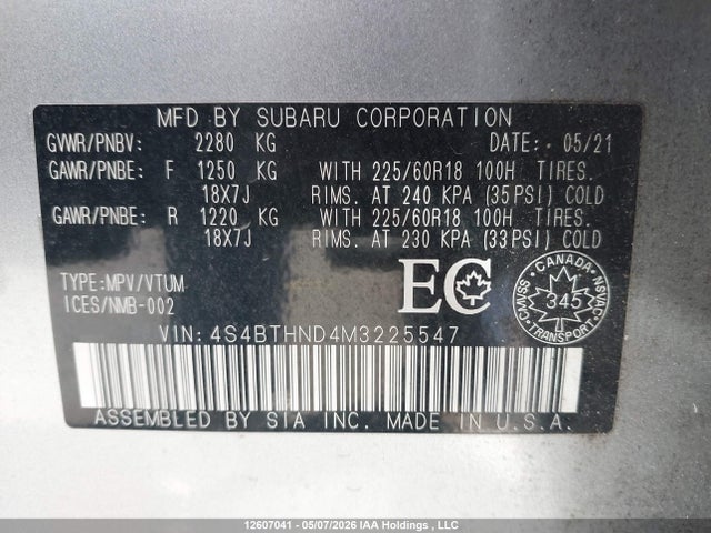 12607041 :رقم المزاد ، 4S4BTHND4M3225547 vin ، 2021 Subaru Outback Limited Xt مزاد بيع