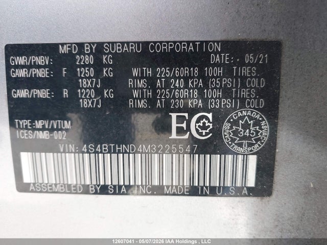 12607041 :رقم المزاد ، 4S4BTHND4M3225547 vin ، 2021 Subaru Outback Limited Xt مزاد بيع