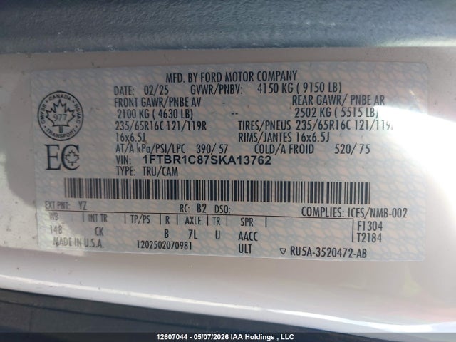 Продажа на аукционе авто 2025 Ford Transit T-250, vin: 1FTBR1C87SKA13762, номер лота: 12607044