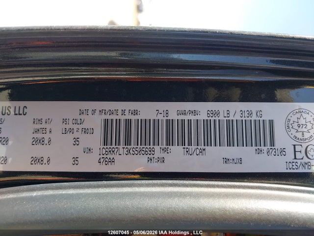 Продаж на аукціоні авто 2019 Ram 1500 Classic Slt, vin: 1C6RR7LT3KS505699, номер лоту: 12607045