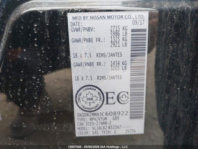12607048 :رقم المزاد ، 5N1DR2MNXJC608922 vin ، 2018 Nissan Pathfinder S/sv/sl/platinum مزاد بيع