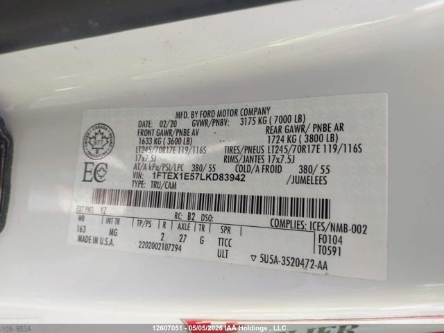 Продаж на аукціоні авто 2020 Ford F150 Super Cab, vin: 1FTEX1E57LKD83942, номер лоту: 12607051