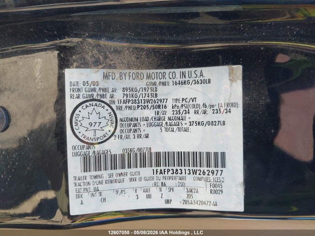 Aukcja sprzedaży 2003 Ford Focus Zts, vin: 1FAFP38313W262977, numer aukcji: 12607058