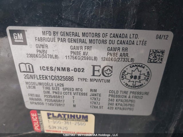 2012 Chevrolet Equinox 1lt მანქანა იყიდება აუქციონზე, vin: 2GNFLEEK1C6325686, აუქციონის ნომერი: 12607063