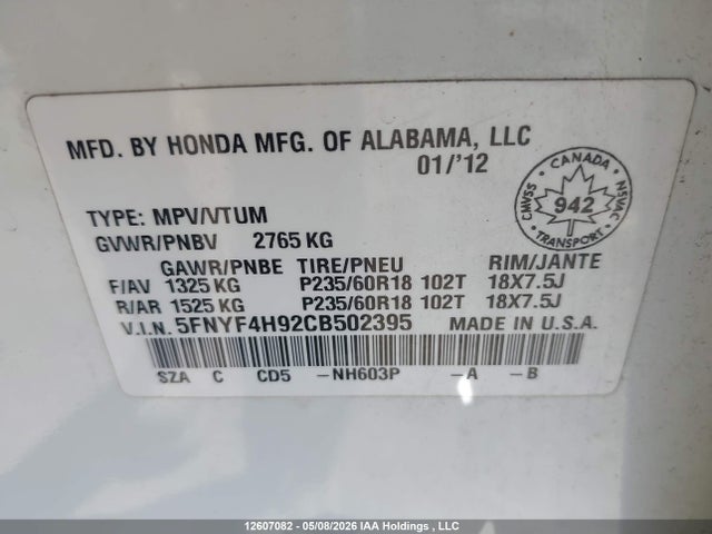 Продаж на аукціоні авто 2012 Honda Pilot Touring, vin: 5FNYF4H92CB502395, номер лоту: 12607082