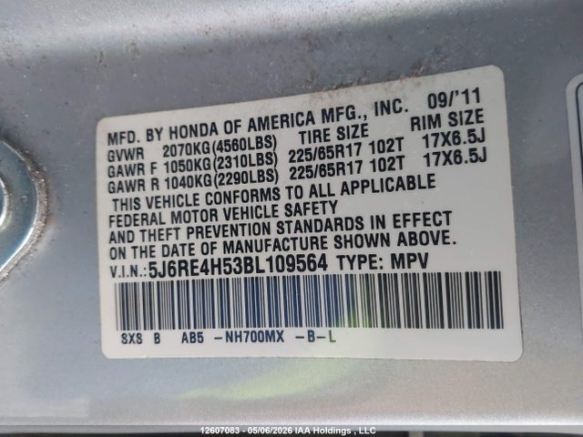 12607083 :رقم المزاد ، 5J6RE4H53BL109564 vin ، 2011 Honda Cr-v Ex مزاد بيع