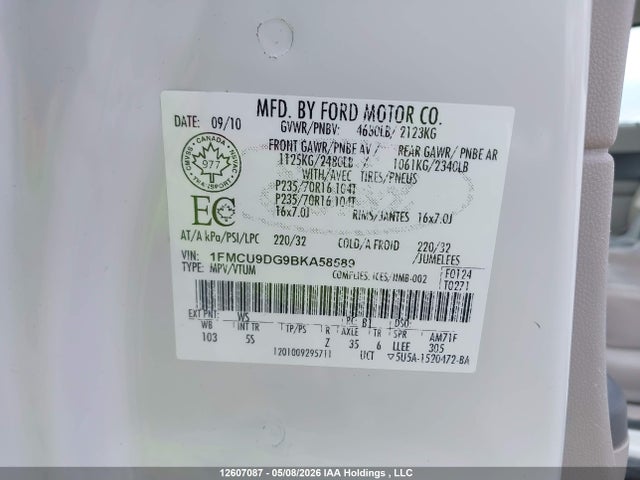 Продажа на аукционе авто 2011 Ford Escape Xlt, vin: 1FMCU9DG9BKA58589, номер лота: 12607087