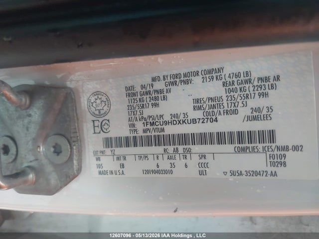 Продаж на аукціоні авто 2019 Ford Escape Sel, vin: 1FMCU9HDXKUB72704, номер лоту: 12607096