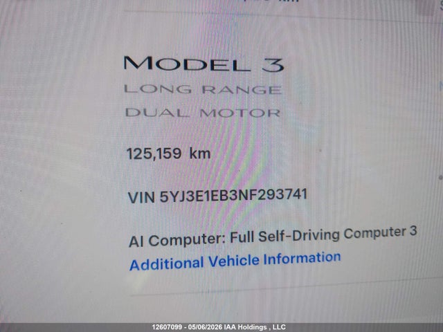 Aukcja sprzedaży 2022 Tesla Model 3, vin: 5YJ3E1EB3NF293741, numer aukcji: 12607099