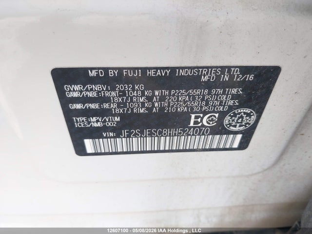 Aukcja sprzedaży 2017 Subaru Forester 2.5i Touring, vin: JF2SJESC8HH524070, numer aukcji: 12607100