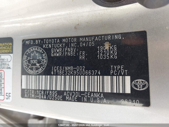 12607102 :رقم المزاد ، 4T1BE32K95U066374 vin ، 2005 Toyota Camry Le/se/std/xle مزاد بيع