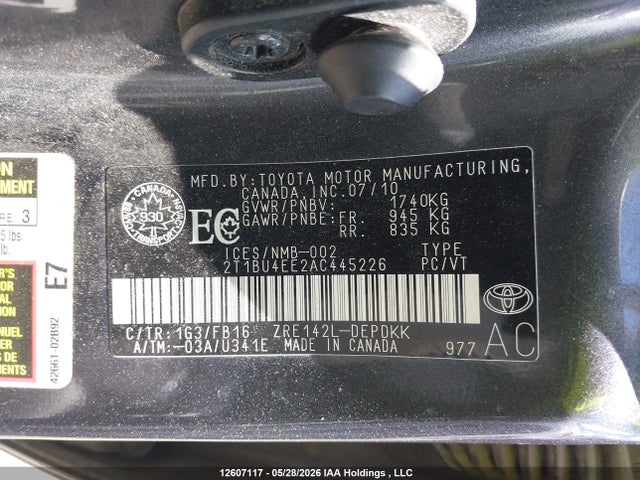 12607117 :رقم المزاد ، 2T1BU4EE2AC445226 vin ، 2010 Toyota Corolla Ce مزاد بيع