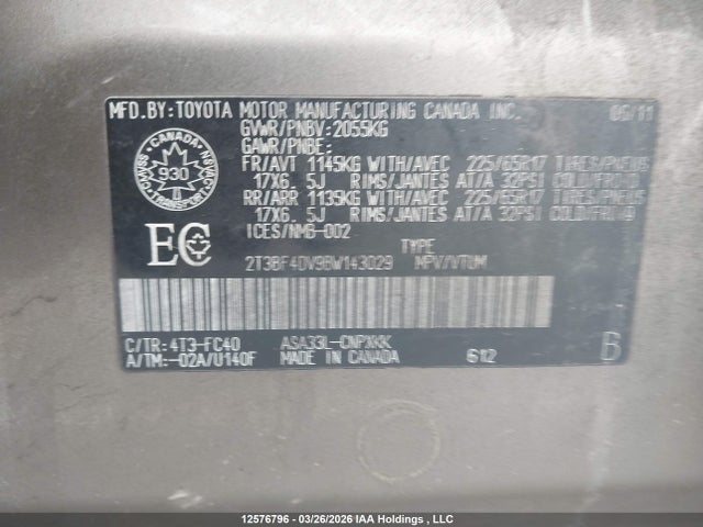 12576796 :رقم المزاد ، 2T3BF4DV9BW143029 vin ، 2011 Toyota Rav4 مزاد بيع
