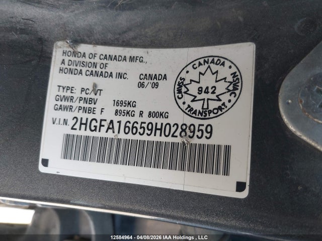 12584964 :رقم المزاد ، 2HGFA16659H028959 vin ، 2009 Honda Civic Sport مزاد بيع