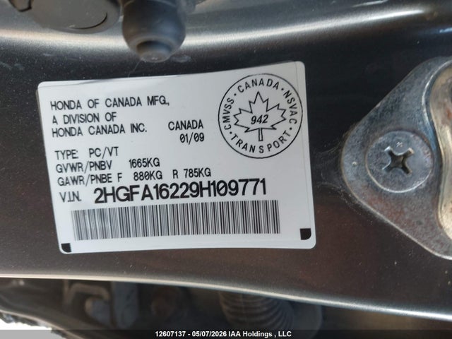 Продажа на аукционе авто 2009 Honda Civic Dx/dx-a, vin: 2HGFA16229H109771, номер лота: 12607137