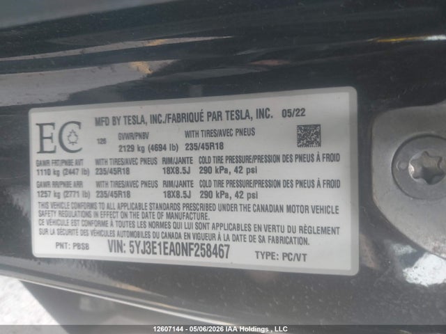 Aukcja sprzedaży 2022 Tesla Model 3, vin: 5YJ3E1EA0NF258467, numer aukcji: 12607144
