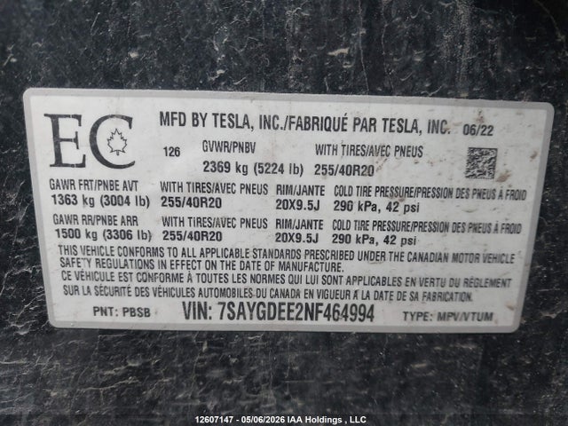 2022 Tesla Model Y მანქანა იყიდება აუქციონზე, vin: 7SAYGDEE2NF464994, აუქციონის ნომერი: 12607147