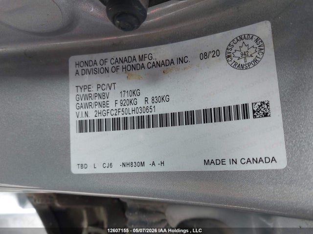 Honda Civic 2020 2HGFC2F50LH030651 Image 9