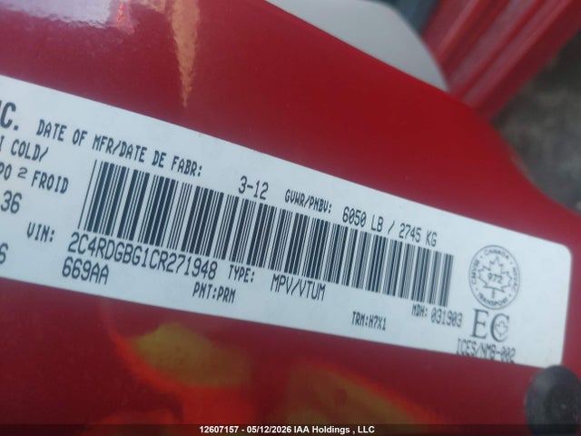 Продаж на аукціоні авто 2012 Dodge Grand Caravan, vin: 2C4RDGBG1CR271948, номер лоту: 12607157