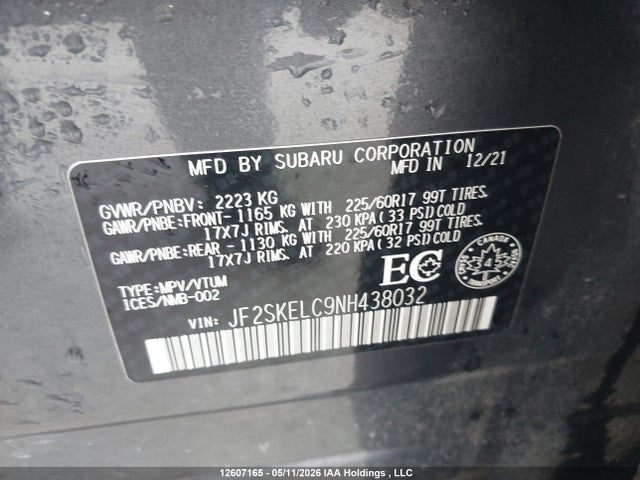 Aukcja sprzedaży 2022 Subaru Forester Wilderness, vin: JF2SKELC9NH438032, numer aukcji: 12607165