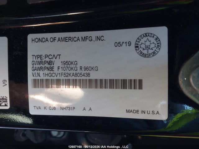 1HGCV1F52KA805438 Honda Accord Ex-l 1.5t