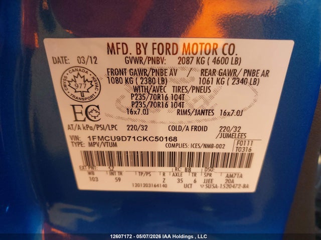 Продажа на аукционе авто 2012 Ford Escape Xlt, vin: 1FMCU9D71CKC50168, номер лота: 12607172