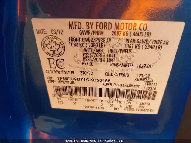 Продажа на аукционе авто 2012 Ford Escape Xlt, vin: 1FMCU9D71CKC50168, номер лота: 12607172