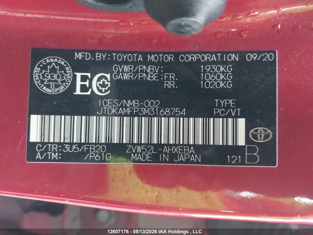 12607176 :رقم المزاد ، JTDKAMFP3M3168754 vin ، 2021 Toyota Prius Prime مزاد بيع