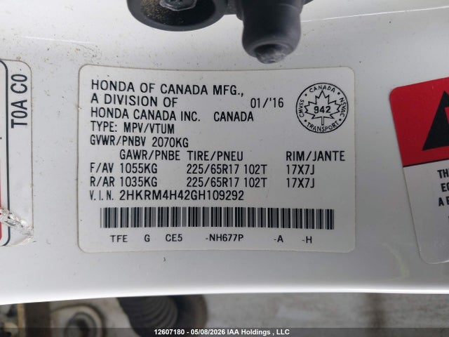 2016 Honda Cr-v მანქანა იყიდება აუქციონზე, vin: 2HKRM4H42GH109292, აუქციონის ნომერი: 12607180