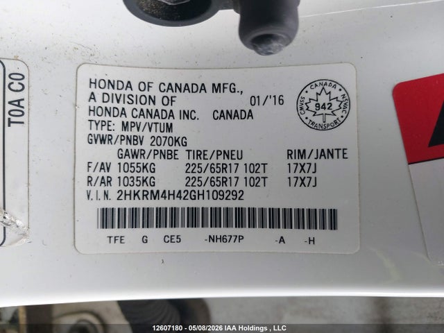 2016 Honda Cr-v მანქანა იყიდება აუქციონზე, vin: 2HKRM4H42GH109292, აუქციონის ნომერი: 12607180