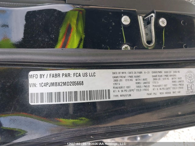 12607182 :رقم المزاد ، 1C4PJMBX2MD205668 vin ، 2021 Jeep Cherokee مزاد بيع