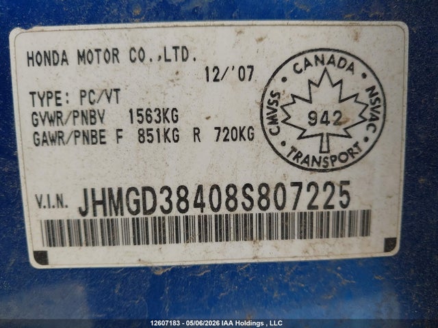 Aukcja sprzedaży 2008 Honda Fit Dx/lx, vin: JHMGD38408S807225, numer aukcji: 12607183