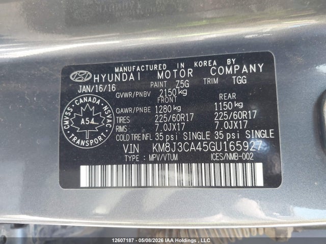 2016 Hyundai Tucson მანქანა იყიდება აუქციონზე, vin: KM8J3CA45GU165927, აუქციონის ნომერი: 12607187