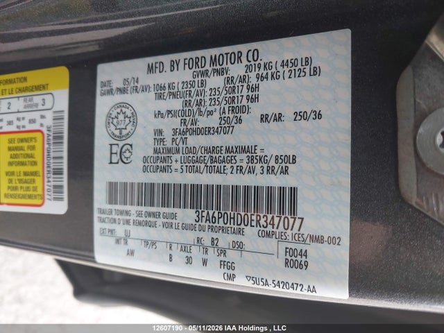 12607190 :رقم المزاد ، 3FA6P0HD0ER347077 vin ، 2014 Ford Fusion مزاد بيع