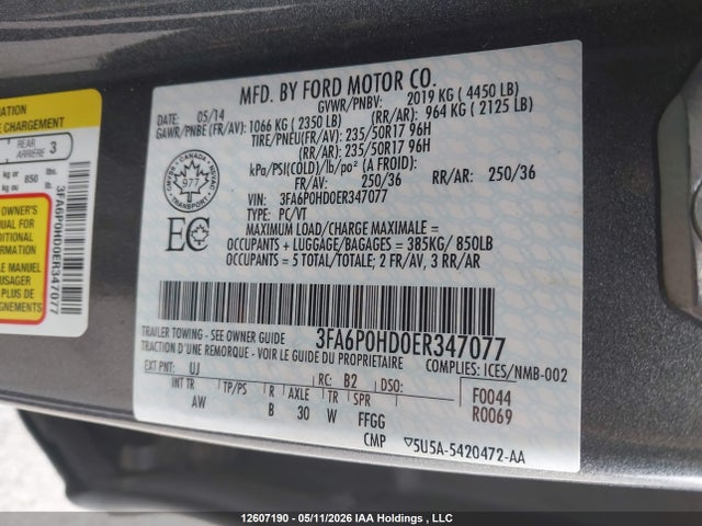12607190 :رقم المزاد ، 3FA6P0HD0ER347077 vin ، 2014 Ford Fusion مزاد بيع