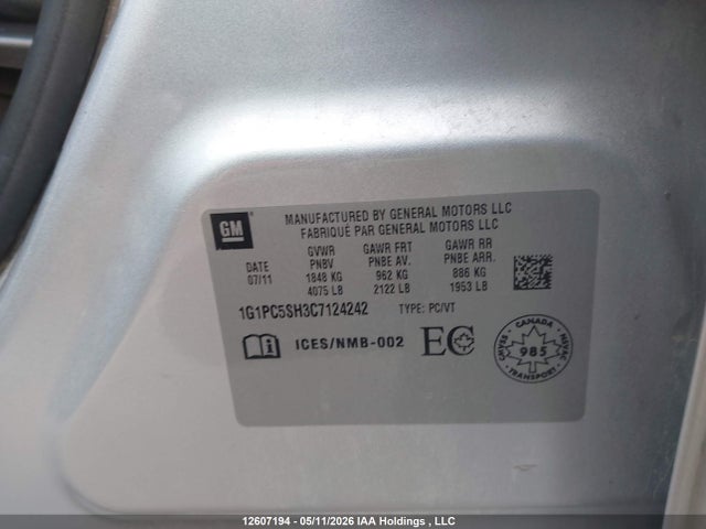2012 Chevrolet Cruze Ls მანქანა იყიდება აუქციონზე, vin: 1G1PC5SH3C7124242, აუქციონის ნომერი: 12607194