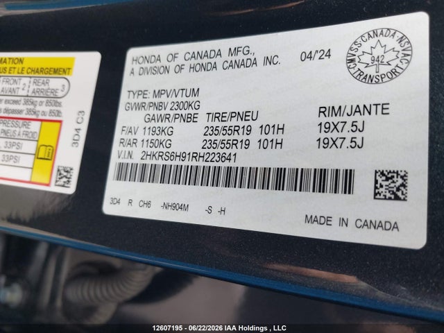 2024 Honda Cr-v Sport Touring მანქანა იყიდება აუქციონზე, vin: 2HKRS6H91RH223641, აუქციონის ნომერი: 12607195