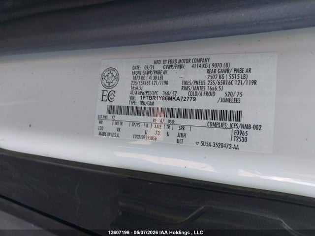 Aukcja sprzedaży 2021 Ford Transit T-250, vin: 1FTBR1Y86MKA72779, numer aukcji: 12607196