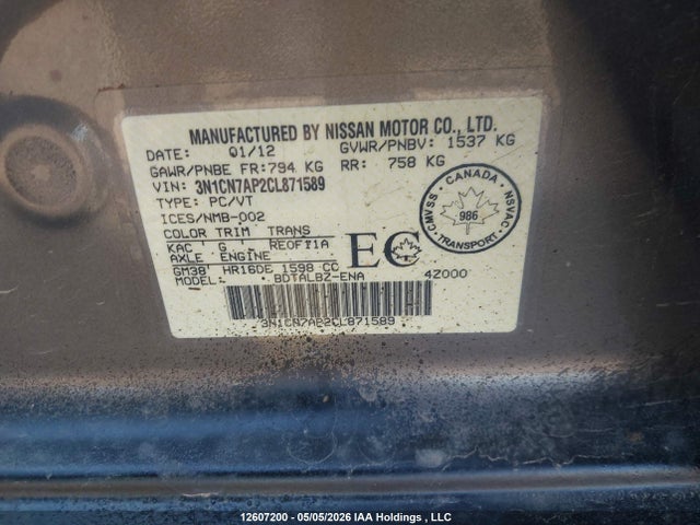 12607200 :رقم المزاد ، 3N1CN7AP2CL871589 vin ، 2012 Nissan Versa 1.6 Sv مزاد بيع
