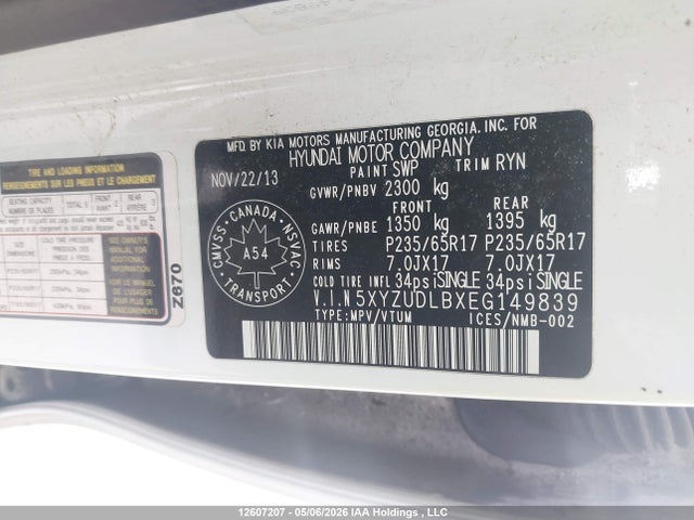 5XYZUDLBXEG149839 Hyundai Santa Fe