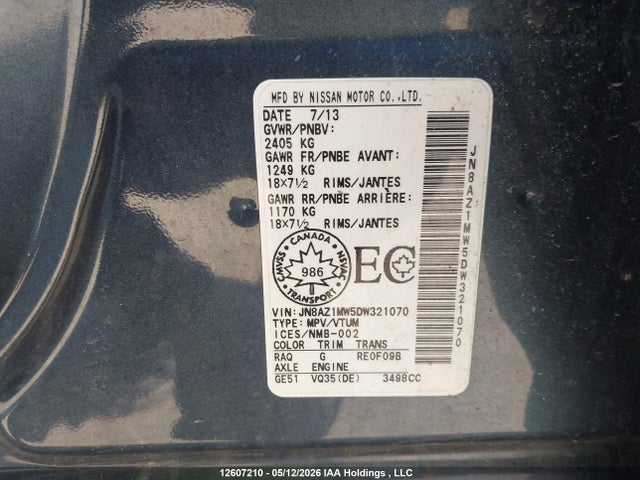12607210 :رقم المزاد ، JN8AZ1MW5DW321070 vin ، 2013 Nissan Murano مزاد بيع