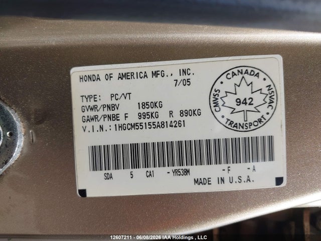 Aukcja sprzedaży 2005 Honda Accord, vin: 1HGCM55155A814261, numer aukcji: 12607211