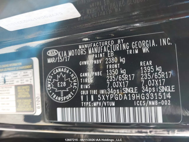2017 Kia Sorento მანქანა იყიდება აუქციონზე, vin: 5XYPGDA19HG331514, აუქციონის ნომერი: 12607215