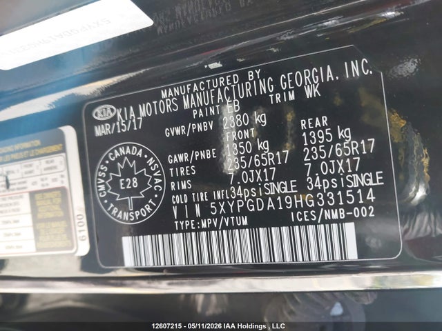 2017 Kia Sorento მანქანა იყიდება აუქციონზე, vin: 5XYPGDA19HG331514, აუქციონის ნომერი: 12607215