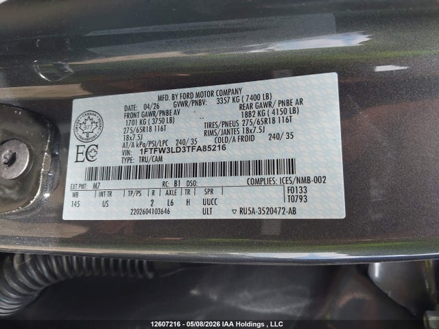 Aukcja sprzedaży 2026 Ford F150 Xlt, vin: 1FTFW3LD3TFA85216, numer aukcji: 12607216